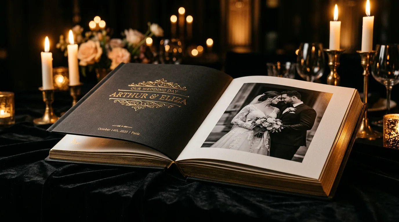 An open leather wedding album with gold foil couple names, lit by candlelight
